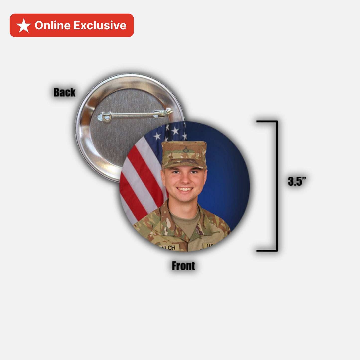 Pinback button with military-themed design and American flag, showing front and back views.
