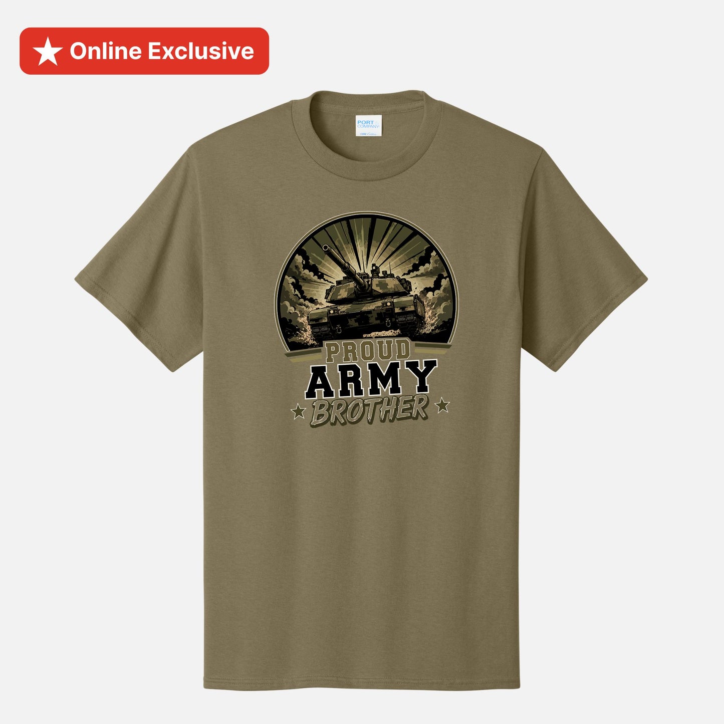 An olive green crewneck t-shirt with a distressed graphic on the front showing a tank and the text 'PROUD ARMY BROTHER'. A red 'Online Exclusive' banner is visible in the top-left corner.