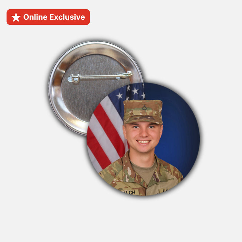 Button badge with a person in military uniform and American flag on a white background