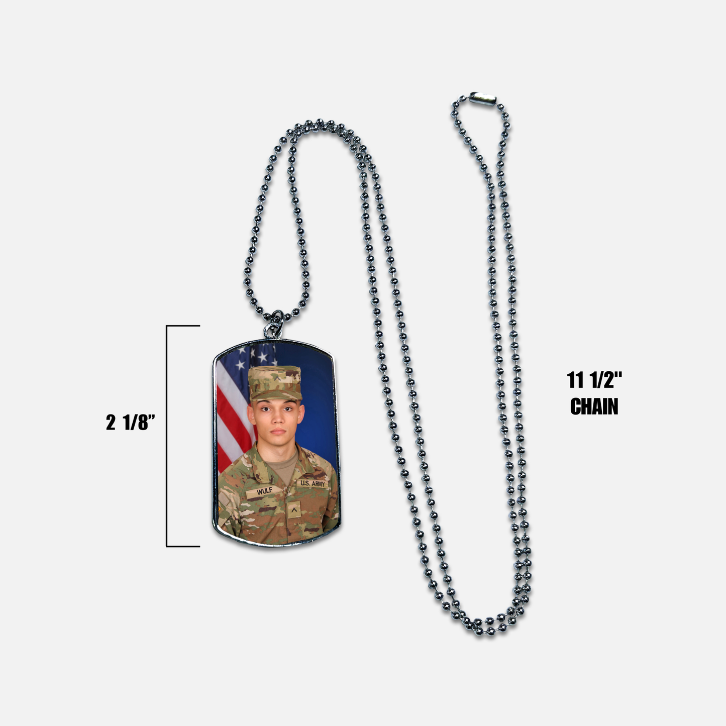 Dog tag necklace with a photo of a Soldier in uniform and an American flag on a white background with sizing included.