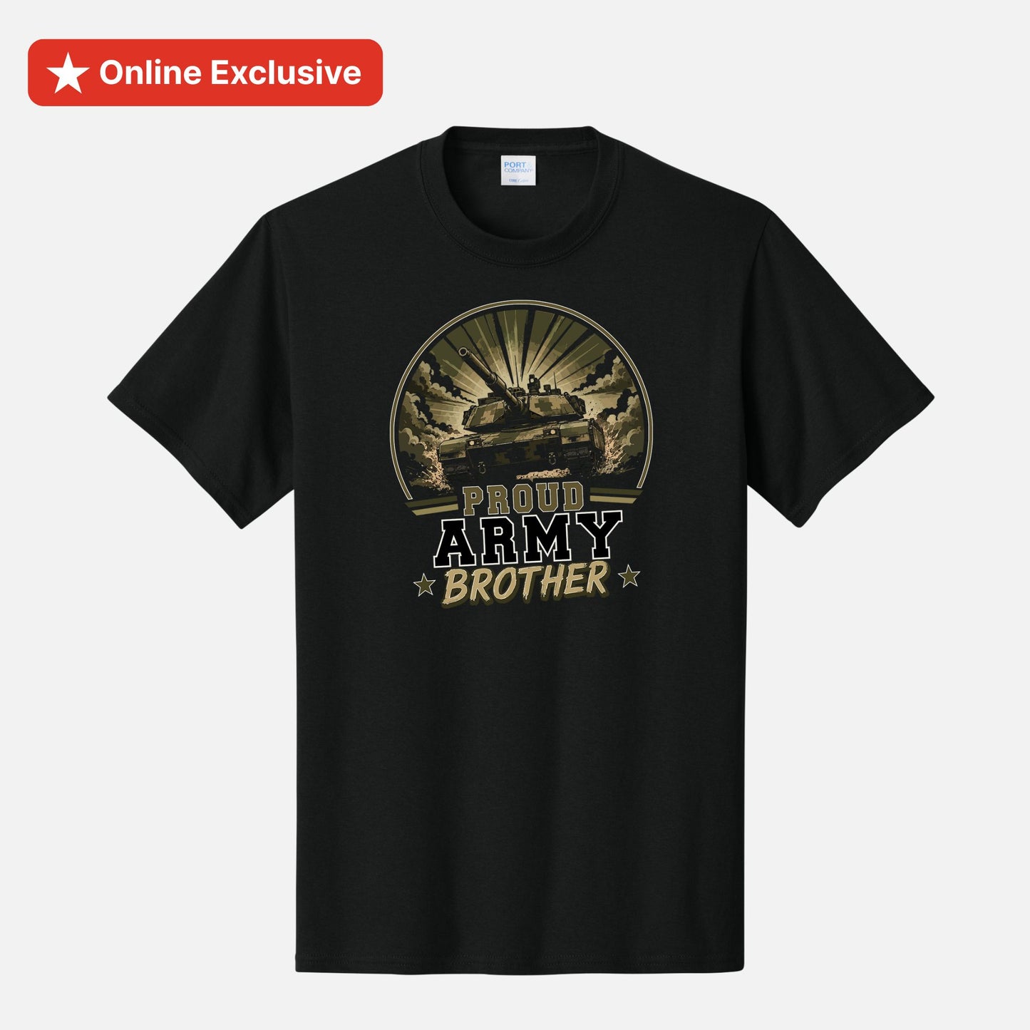 A black short-sleeve crewneck t-shirt with a graphic on the front showing a tank under a circular sunburst and the text 'PROUD ARMY BROTHER'. A red 'Online Exclusive' banner is visible in the top-left corner.