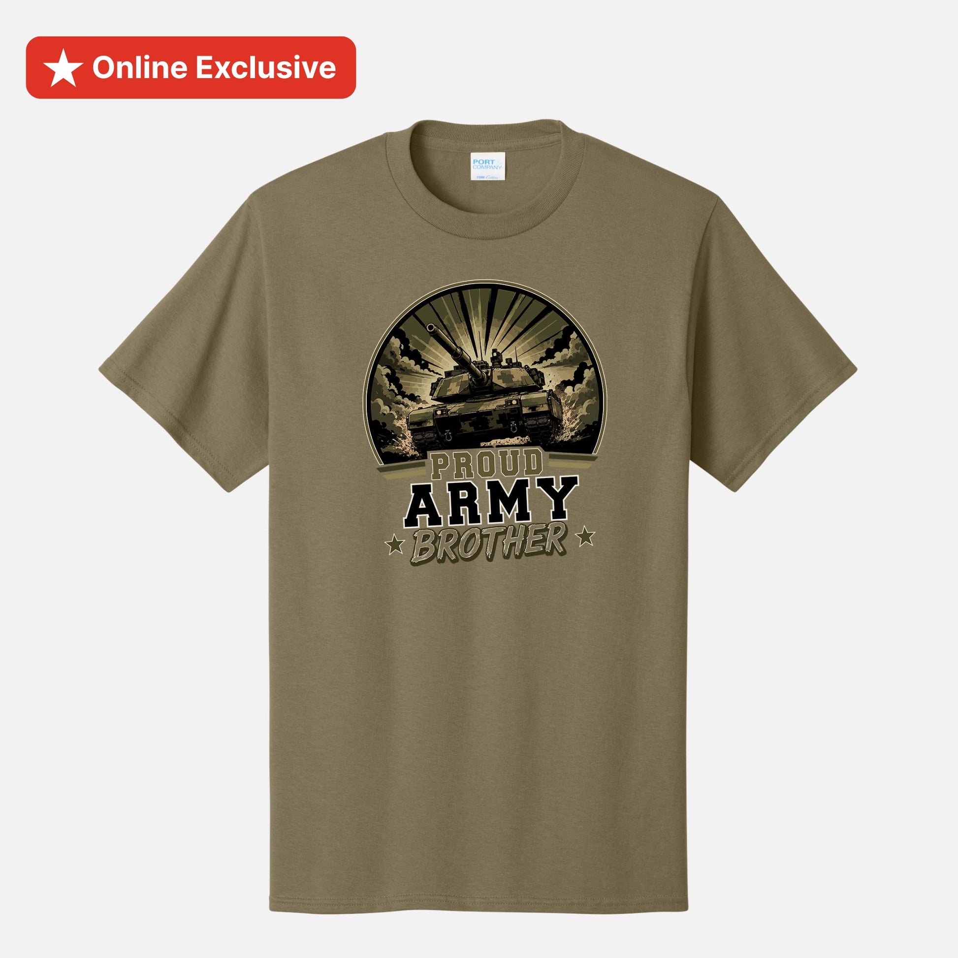 An olive green crewneck t-shirt with a distressed graphic on the front showing a tank and the text 'PROUD ARMY BROTHER'. A red 'Online Exclusive' banner is visible in the top-left corner.