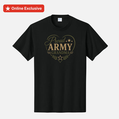 A black short-sleeve crewneck t-shirt with a gold graphic on the chest that reads 'Proud ARMY GRANDMA' inside a heart outline. A red 'Online Exclusive' banner is visible in the top-left corner.