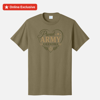 An olive green short-sleeve t-shirt with a 'Proud Army Grandma' graphic printed on the chest, displayed on a light gray background with a red 'Online Exclusive' banner in the top-left corner.