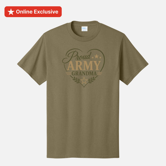 An olive green short-sleeve t-shirt with a 'Proud Army Grandma' graphic printed on the chest, displayed on a light gray background with a red 'Online Exclusive' banner in the top-left corner.