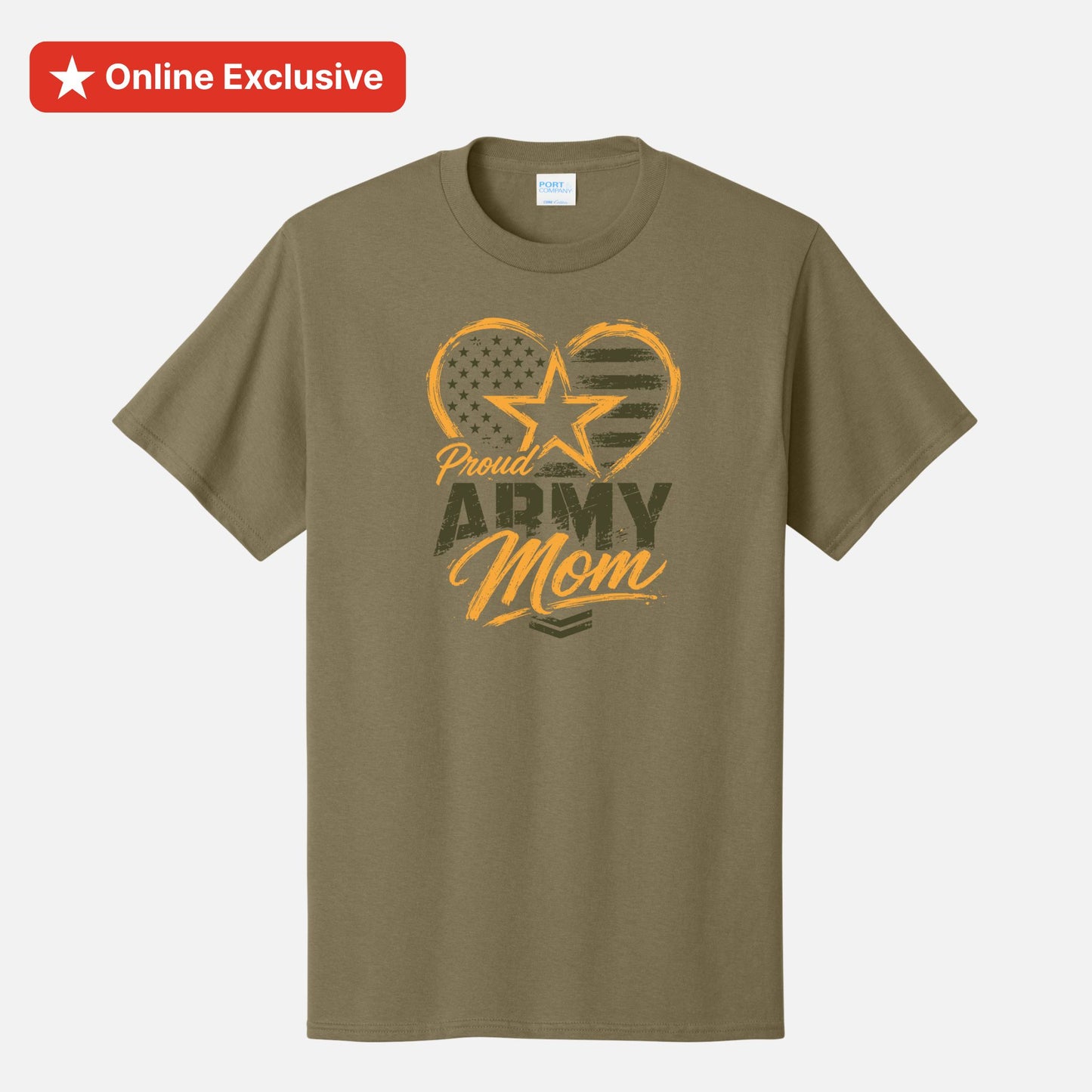 An olive green short-sleeve t-shirt with a distressed graphic on the front featuring a heart, star, and the words 'Proud Army Mom' in yellow and dark green. A red 'Online Exclusive' banner is visible in the top-left corner.
