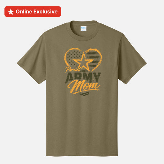 An olive green short-sleeve t-shirt with a distressed graphic on the front featuring a heart, star, and the words 'Proud Army Mom' in yellow and dark green. A red 'Online Exclusive' banner is visible in the top-left corner.