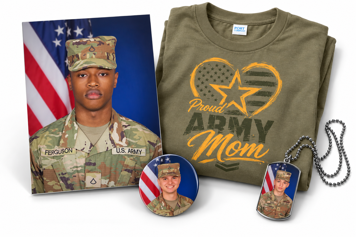 Army BCT portrait, Army family shirt, personalized portrait button, and photo dog tag from Ft. Sill Photos
