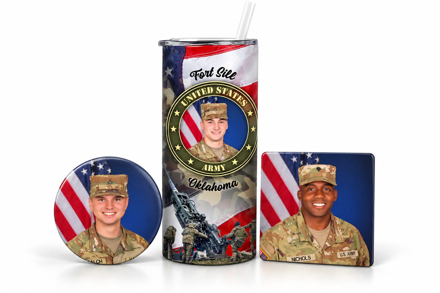 Ft. Sill Photos portrait tumbler, magnet, and photo button